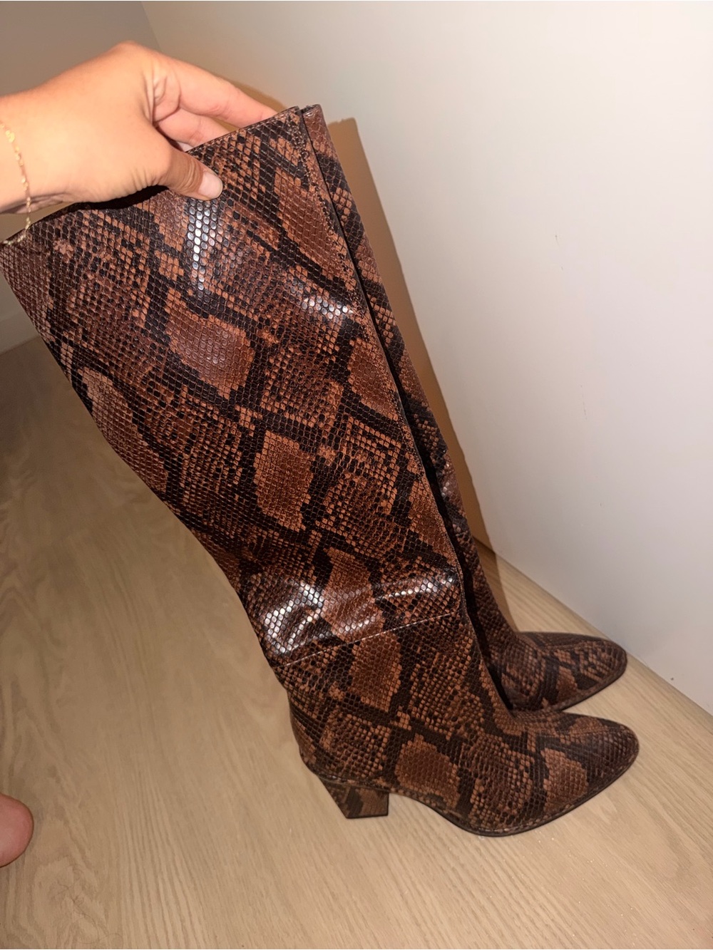 Zara Brown Snake Print Knee-High Heeled Boots - Picture 4 of 5